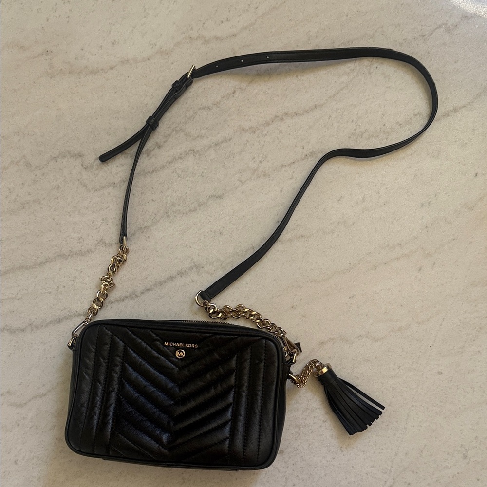 Michael Kors Black Quilted Crossbody with Gold Chain